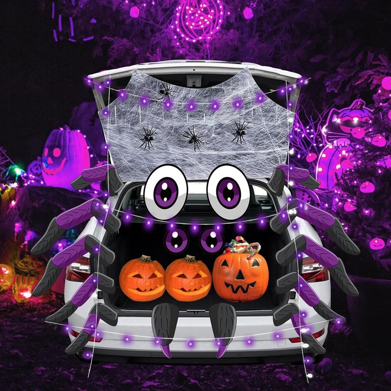 HEORIM Halloween Trunk Or Treat Car Decorations Kit, 19Pcs Spider Design Stickers with Spider Web and LED Lights, Trunk or Treat Decorations for SUV Garage Door Entryway Archway Party Supplies - Image 2